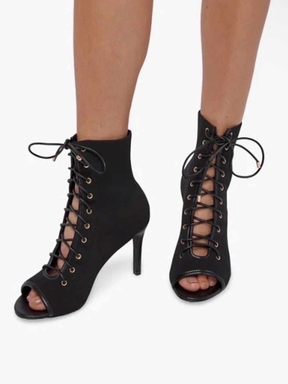 JUSTFAB Women’s Hyacinth Active Knit Open-Toe Bootie in black caviar size 8